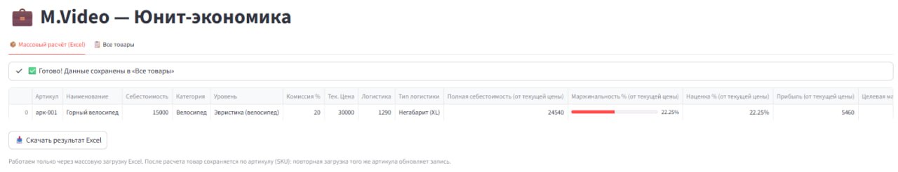 Результат расчета по товару MVideo